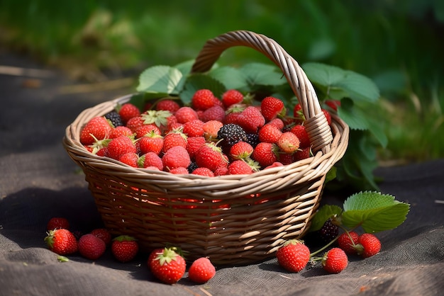 Ripe strawberries in a wicker basket on the ground in the garden Generative AI