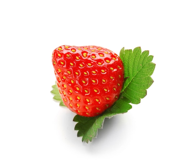 Ripe strawberry and leaves on white background