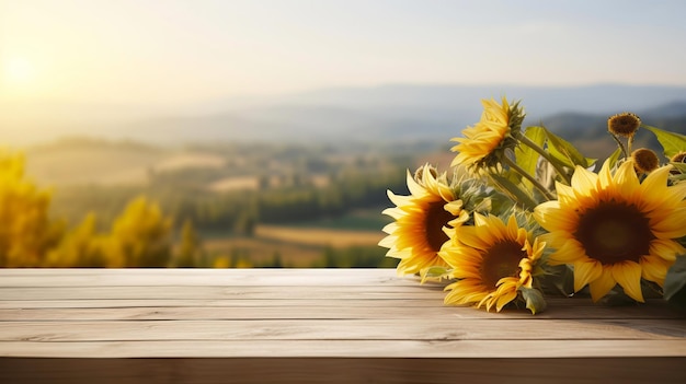 Ripe sunflower harvest and empty wooden table with rural background selective focus on tabletop generative ai illustration