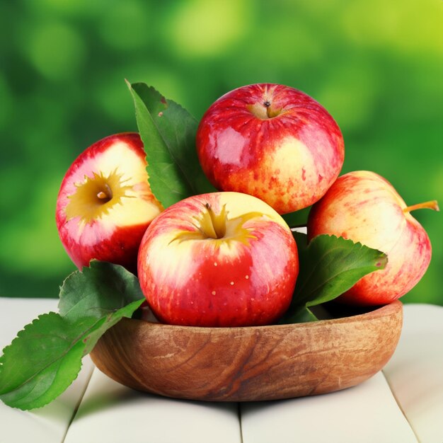 Ripe sweet apples with leaves in wooden bowl on nature background