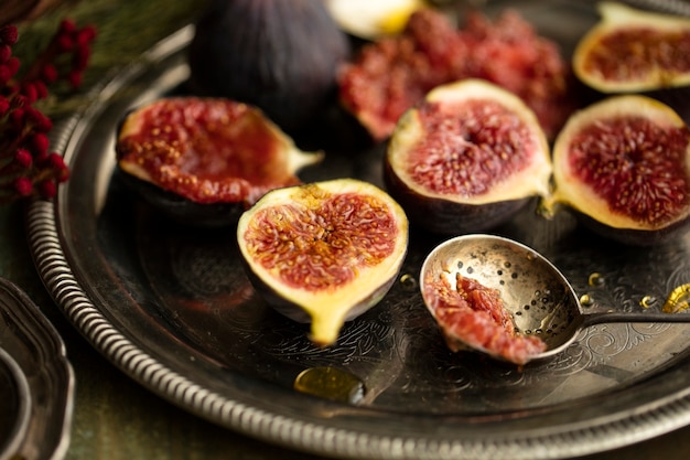 Ripe sweet figs on a metal tray