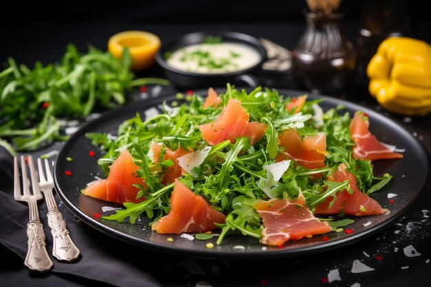 Ripe sweet melon with ham and arugula