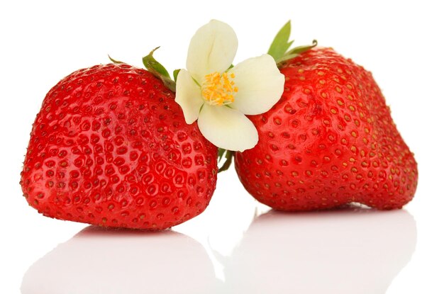 Ripe sweet strawberries and flower isolated on white