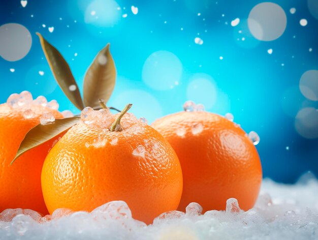 Ripe tangerines in ice on blue bokeh background