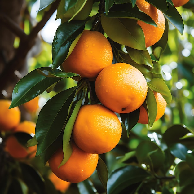Ripe tangerines on the tree in the sunlight Tangerine orchard