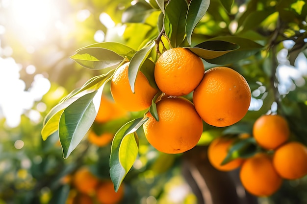 Ripe tangerines on the tree in the sunlight Tangerine orchard