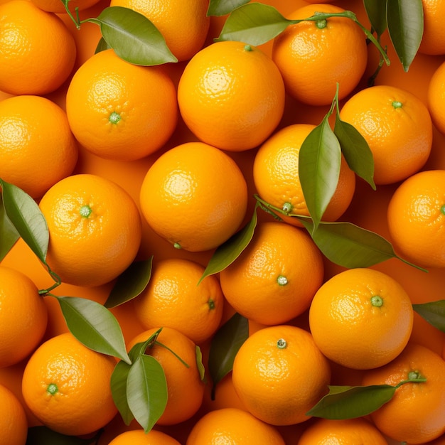 Photo ripe tangerines with green leaves closeup top view