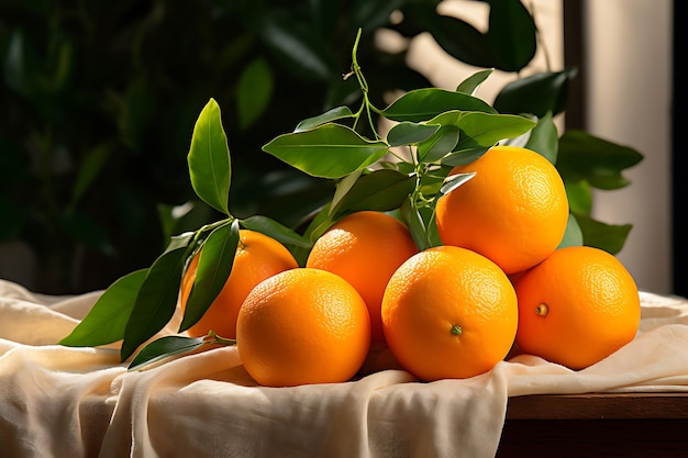 Ripe tangerines with green leaves on a table