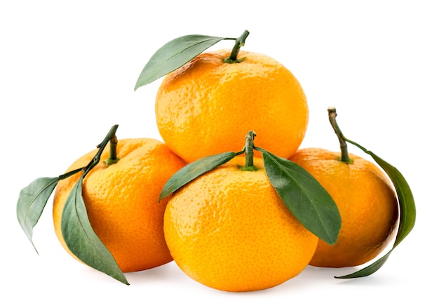 Ripe tangerines with leaves close-up on a white background. Isolated