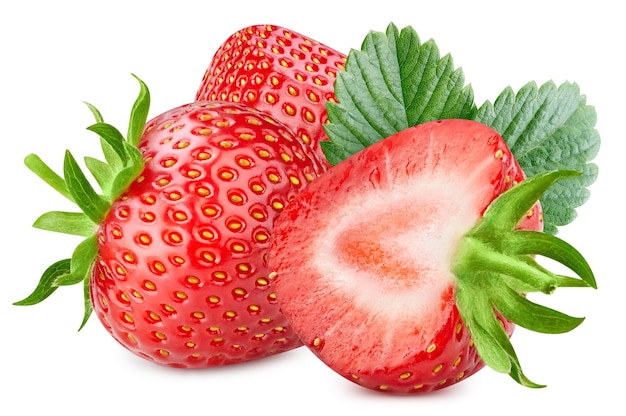 Ripe taste strawberry with green leaf clipping path Organic fresh strawberry isolated on white