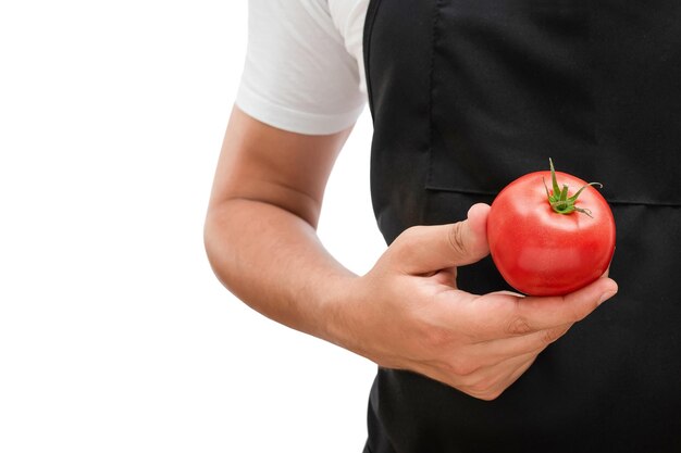 Ripe tomato in the hand of the cook on a white background the concept of cooking