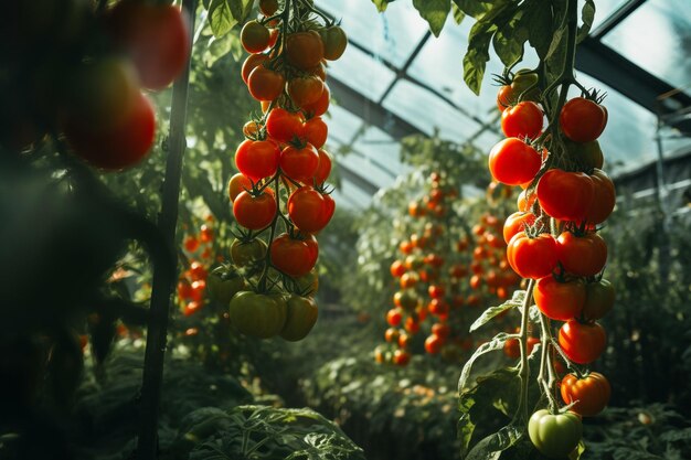 Ripe tomato plant growing in greenhouse