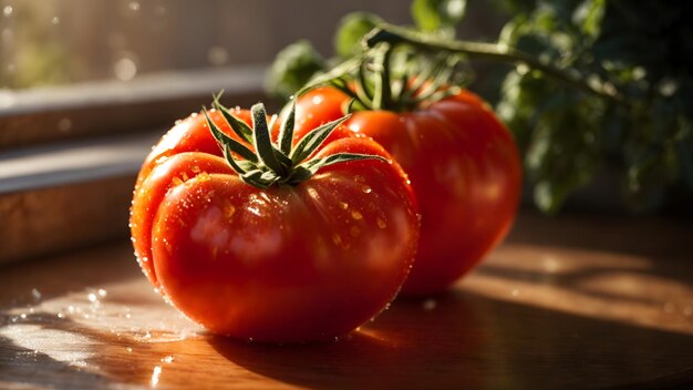 A ripe tomato rests on a sunlit windowsill