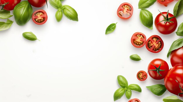 Ripe Tomatoes and Basil on White Background