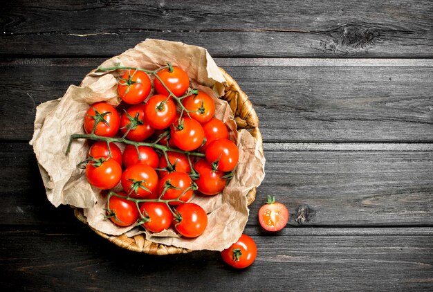 Ripe tomatoes on a branch in the basket