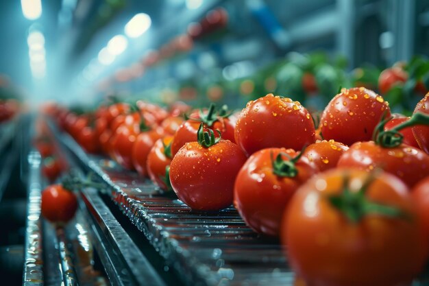 Ripe tomatoes on a conveyor receive a wash in a hightech agricultural setting