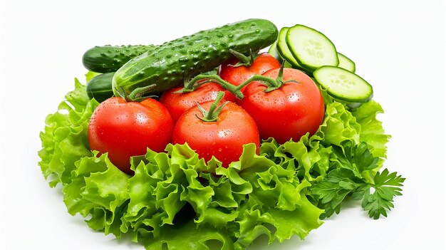 Ripe tomatoes and cucumbers in lettuce leaves isolated