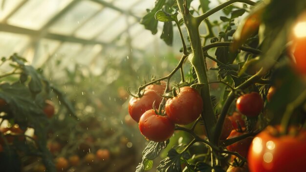 Ripe tomatoes on vine in greenhouse