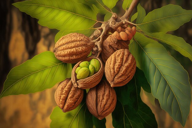 Ripe walnuts from a tree