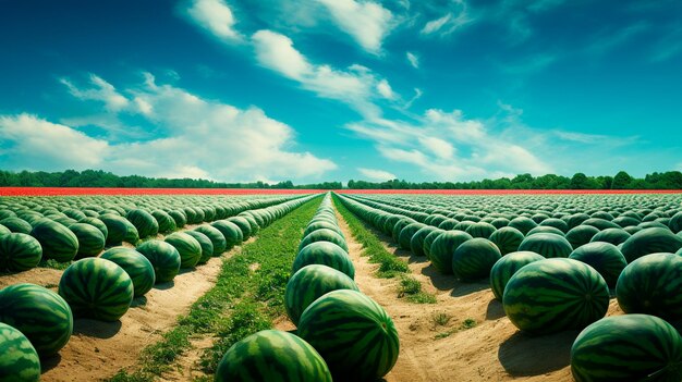ripe watermelon growing in field in summer day Generative AI