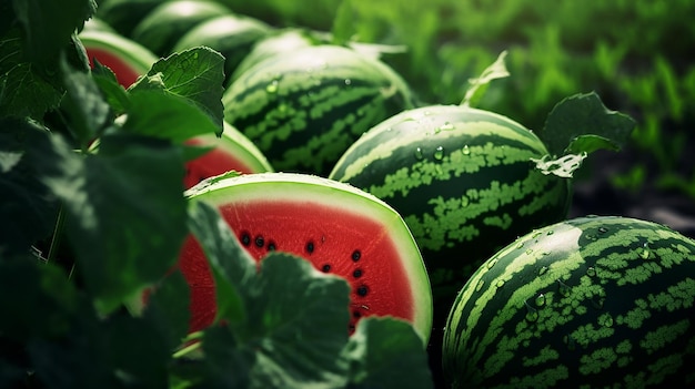 Photo ripe watermelon growing in the garden