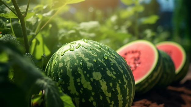Ripe Watermelon Growing in the Garden