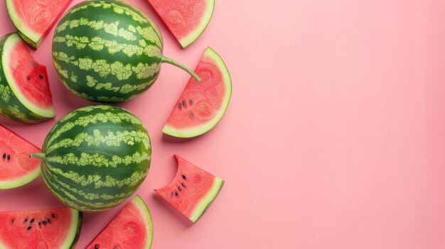 A ripe watermelon surrounded by some watermelon slices