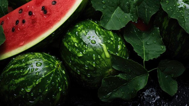 Photo ripe wet watermelon lying in a pile with green leaves harvesting autumn