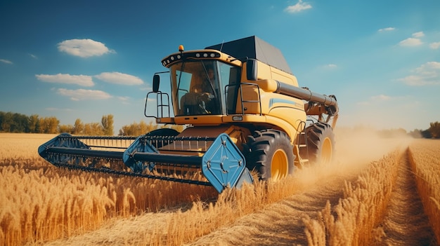 Ripe wheat cutting with heavy machinery outdoors