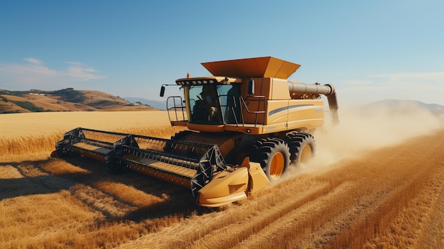 Ripe wheat cutting with heavy machinery outdoors