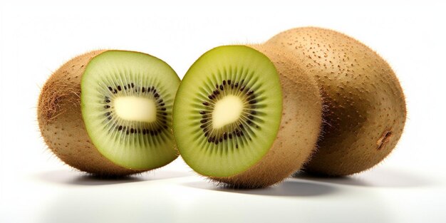 Ripe whole kiwi fruit and half kiwi fruit isolated on white background Generative AI