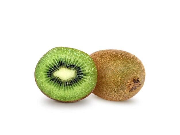 Ripe whole kiwi fruit and half kiwi fruit isolated on white background