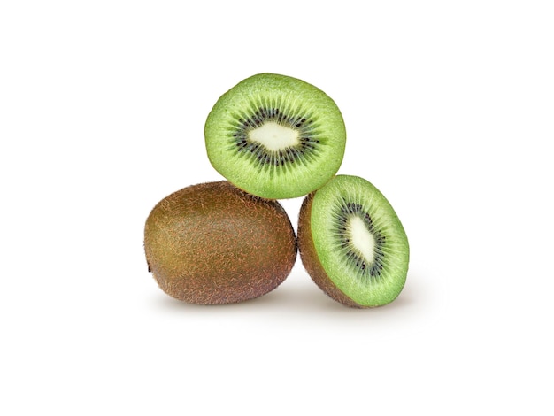 Ripe whole kiwi fruit and half kiwi fruit isolated on white background