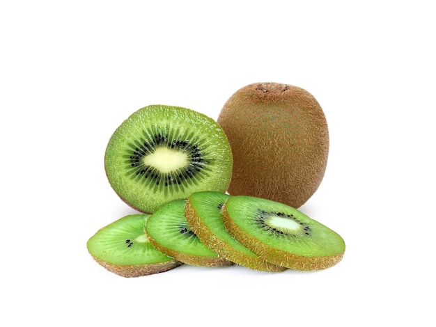 Ripe whole kiwi fruit and half kiwi fruit isolated on white background