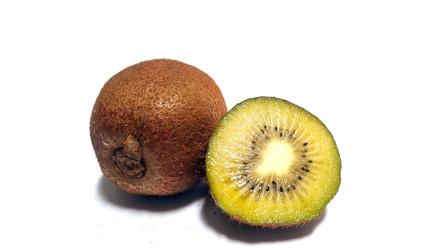 Ripe whole kiwi fruit and half kiwi fruit isolated on white background