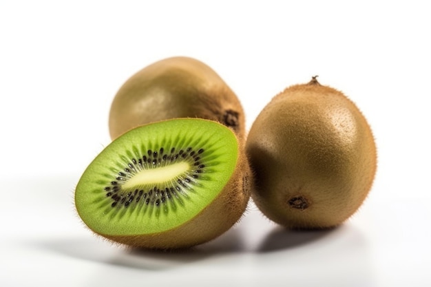 Ripe whole kiwi fruits and half kiwi fruits on white background