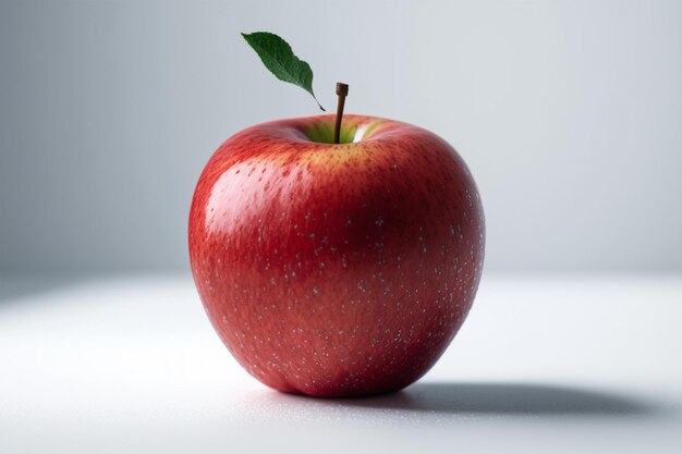 Ripe yellow apple with green leaf on a white background studio lighting created with generative AI