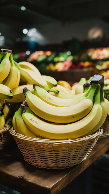 Ripe yellow bananas in wicker basket at fruit market store