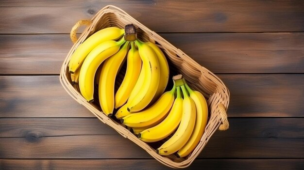 Photo ripe yellow bananas in wicker basket on wooden background generative ai