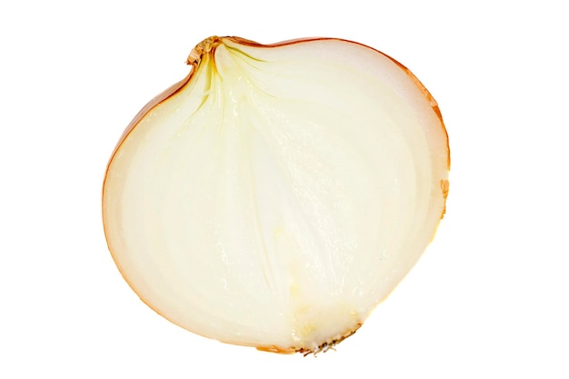 Ripe yellow onion isolated on a white background Onion slices cut in half clipping path full depth of field