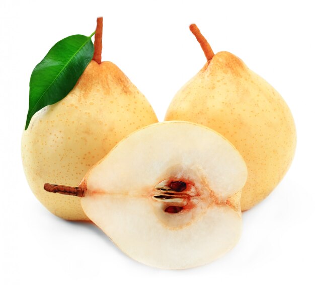 Ripe yellow pear on a white background