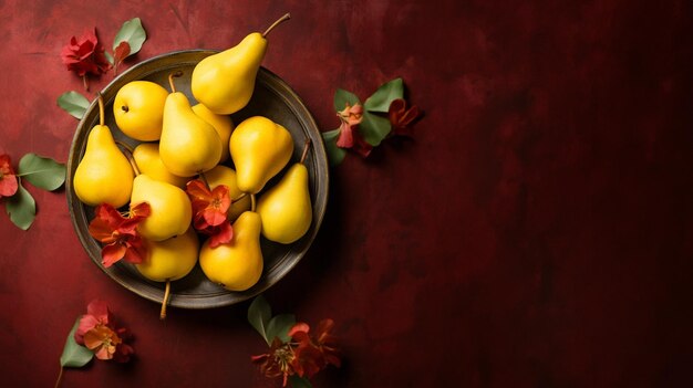 Ripe yellow pears on textured artistic background top view background