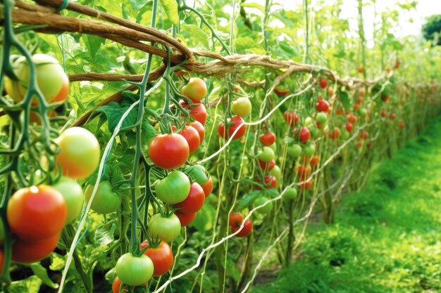 Ripened crimson tomatoes are gracefully dangling from a bough in a climatecontrolled enclosure