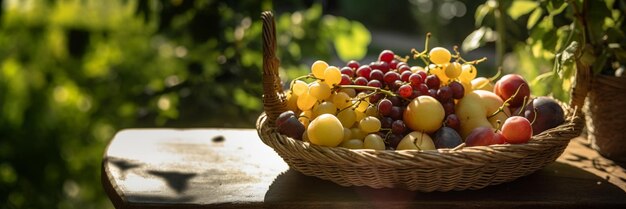 写真 日光の下のバスケットに収 ⁇ した果物