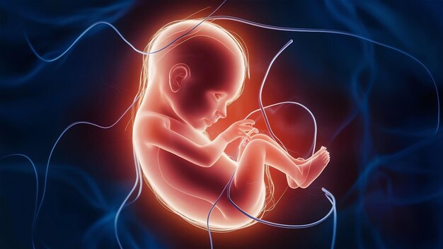 Ripening fetus with umbilical cord themes of life and procreation 3d illustration