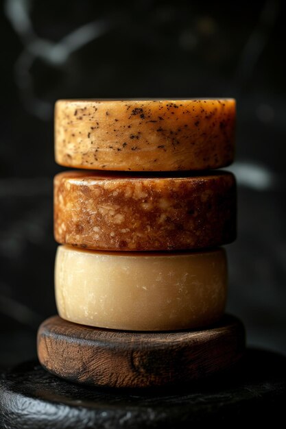 Photo ripening handmade rural hard and semi hard pile of cheese on wooden board on black with copy space