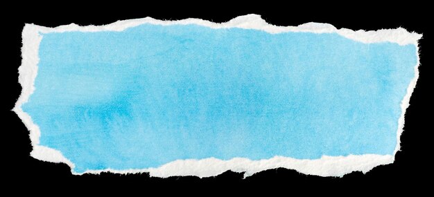 Photo ripped blue paper note message template isolated on black background