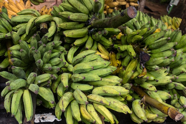 Ripped Yellow and Green Frash Bananas on Wood Table