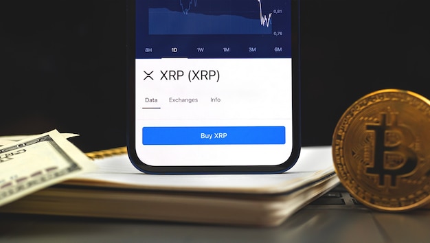 Ripple XRP crypto currency o your mobile phone, mobile banking concept, trade and investment in new virtual money, business background photo