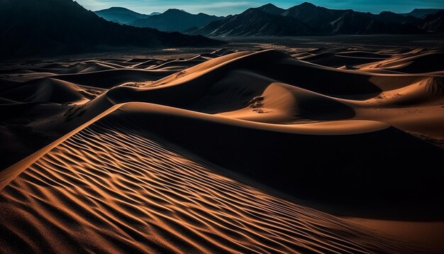 Rippled sand dunes majestic mountain range awe inspiring generated by AI